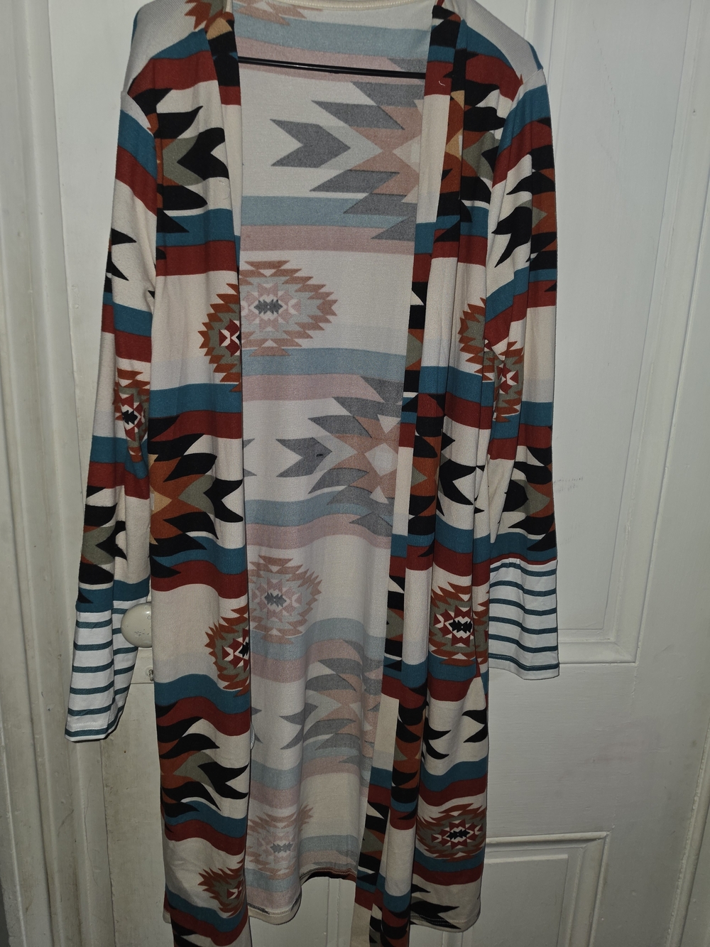 Open-Front Aztec Print Cardigan in Cream, Teal & Rust - Unbranded